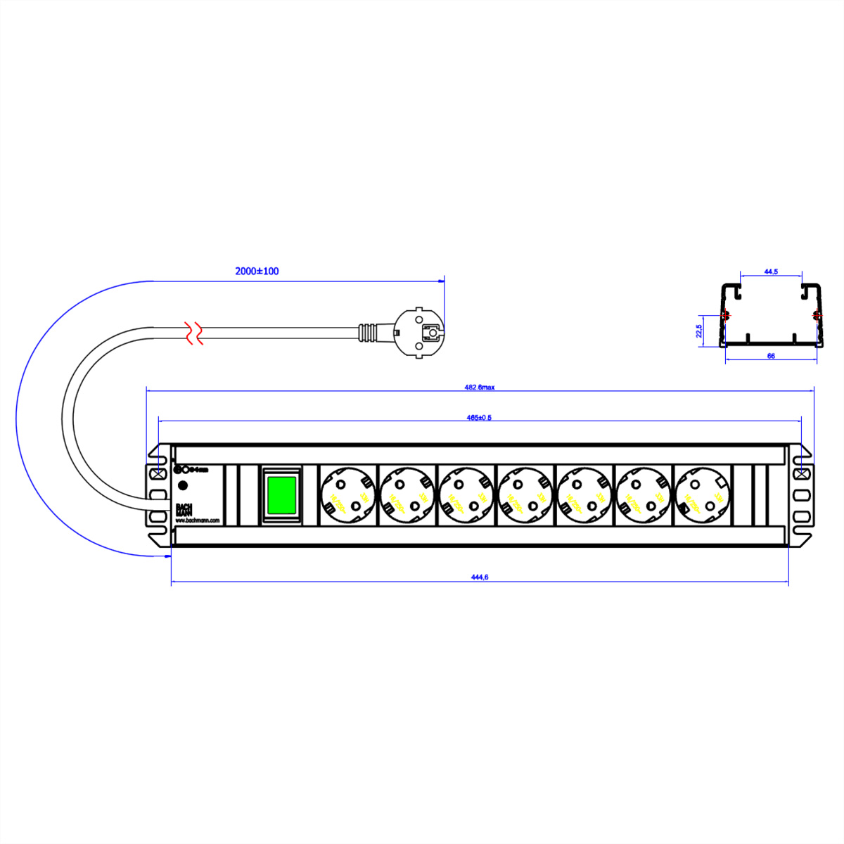 Schemat listwy zasilającej z wymiarami i wtyczką. Zielony przełącznik.