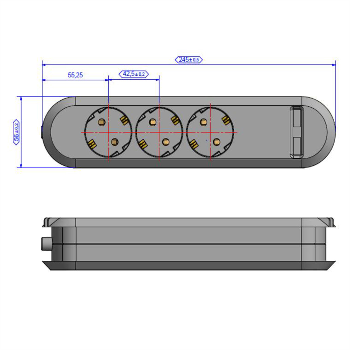 Schemat widoku z góry i z boku czarnej listwy zasilającej z trzema gniazdami, wymiary oznaczone.