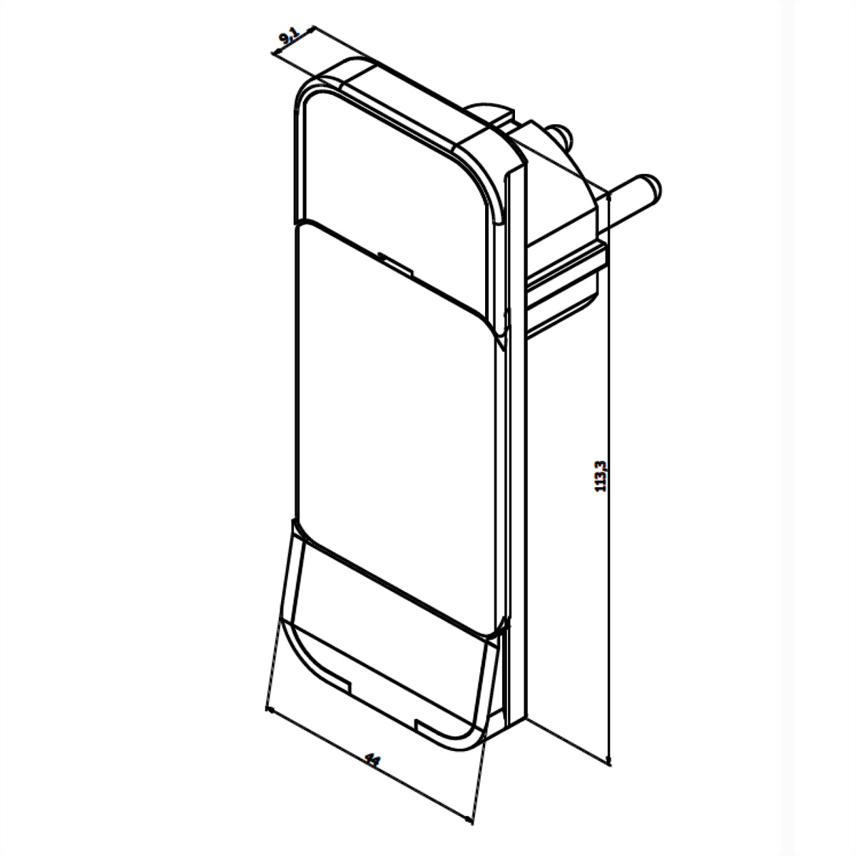 Rysunek techniczny prostokątnego elementu z wymiarami. Posiada złącze kątowe.
