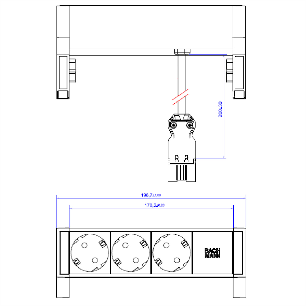 Rysunek techniczny elementu elektrycznego z wymiarami i logo Bachmann.