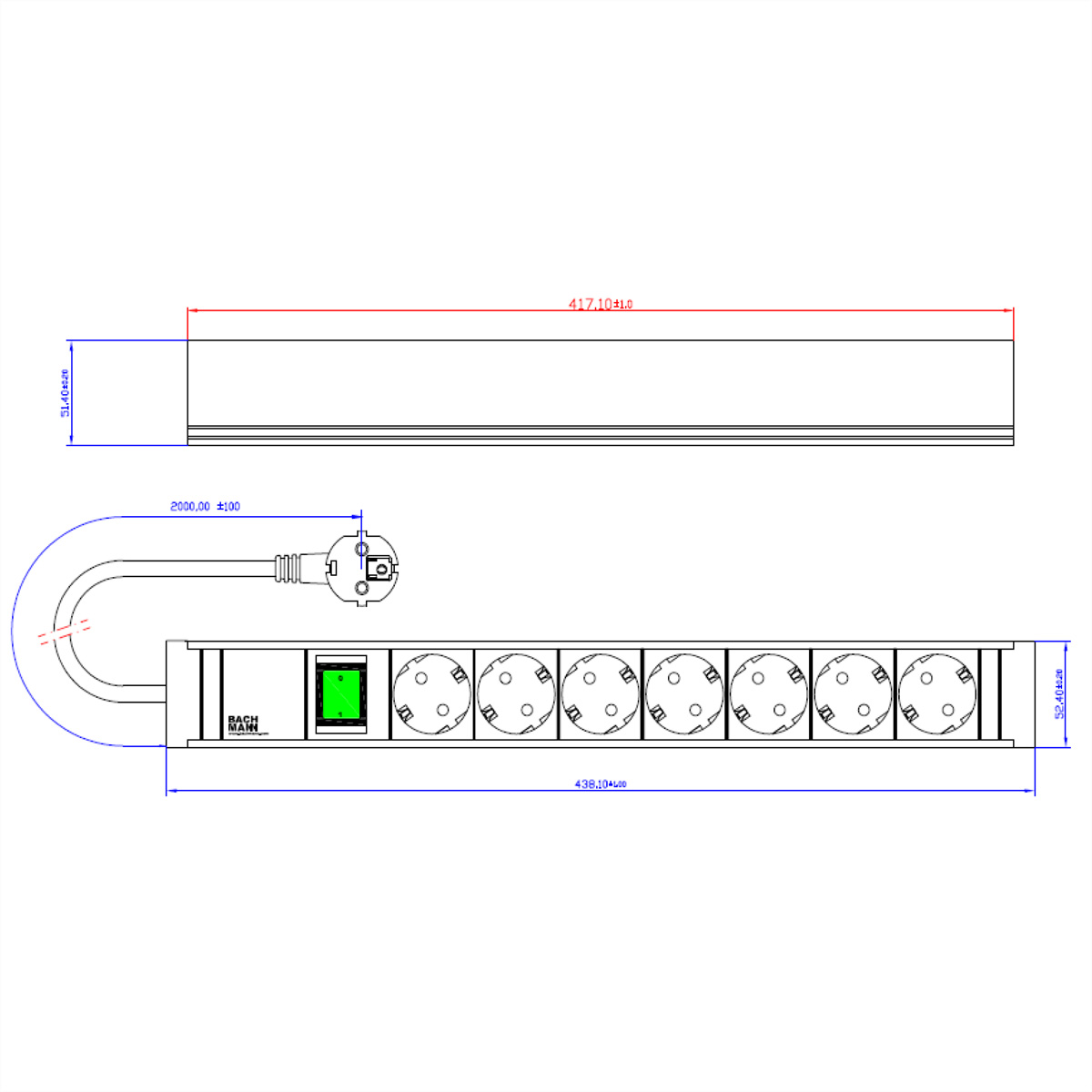 Listwa zasilająca z wieloma gniazdami, przełącznikiem i wymiarami.
