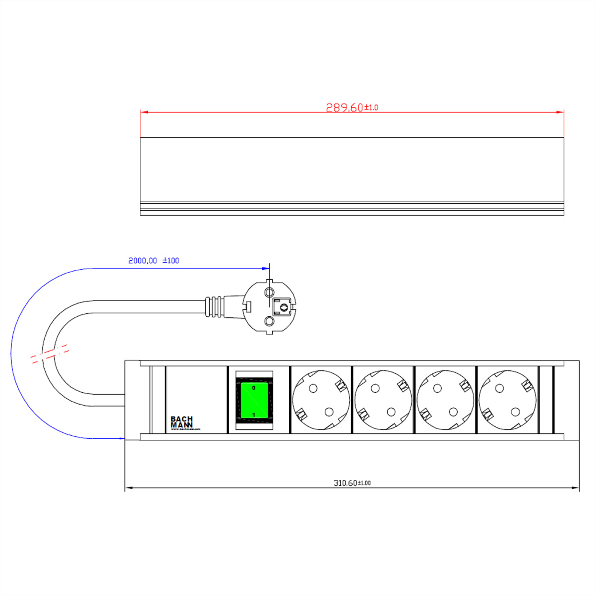 Rysunek techniczny listwy zasilającej z pięcioma gniazdami, zielonym przełącznikiem i wymiarami.