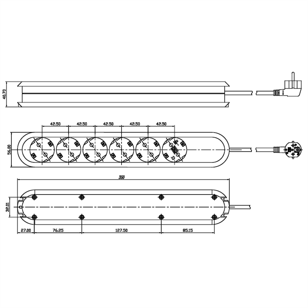 Rysunek techniczny listwy zasilającej z gniazdami i wymiarami w mm. Białe tło.