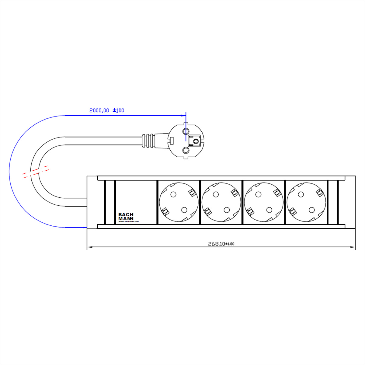 Listwa zasilająca z pięcioma gniazdami i przewodem zasilającym z wymiarami na schemacie.