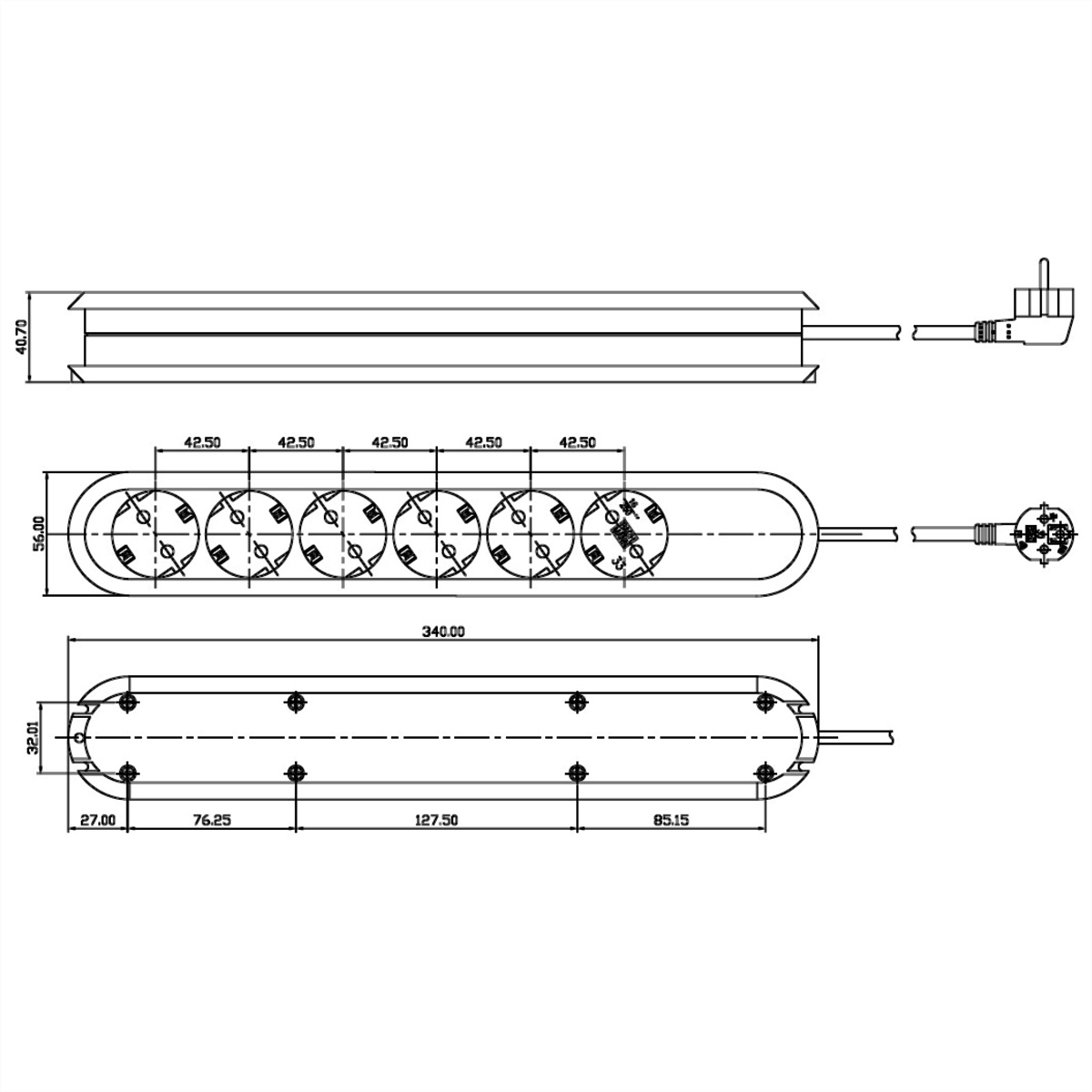 Rysunek techniczny: listwa zasilająca z wymiarami.