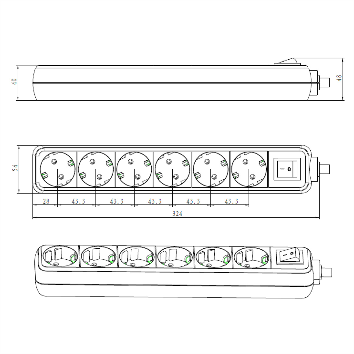Technische tekening van een stekkerdoos met 7 stopcontacten, afmetingen in mm.