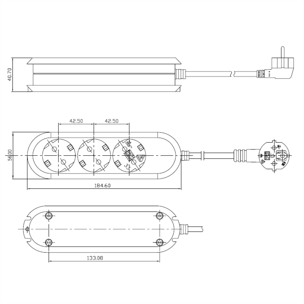 Rysunek techniczny listwy zasilającej z wymiarami i wtyczką.