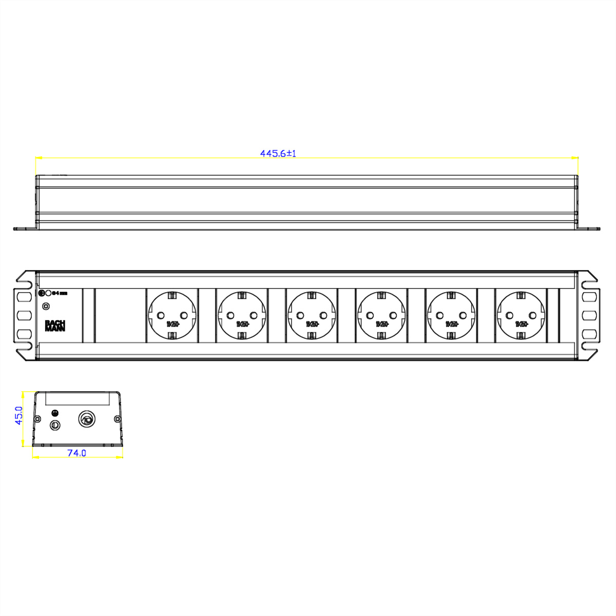Listwa zasilająca, schemat widoku z góry i z boku.