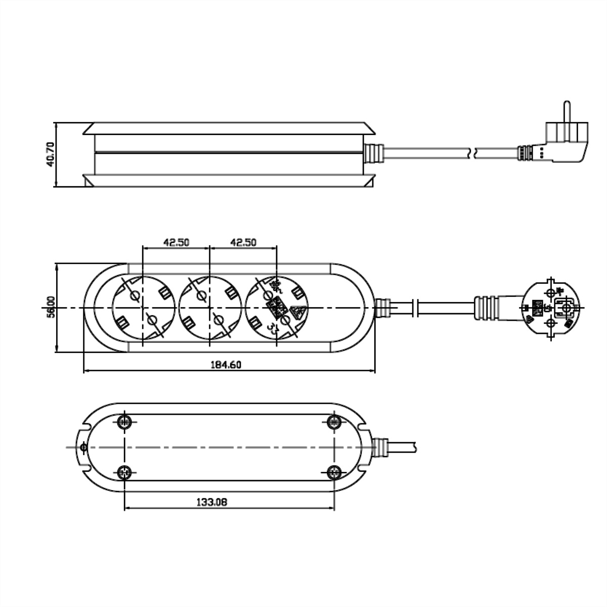 Rysunek techniczny listwy zasilającej z wymiarami.