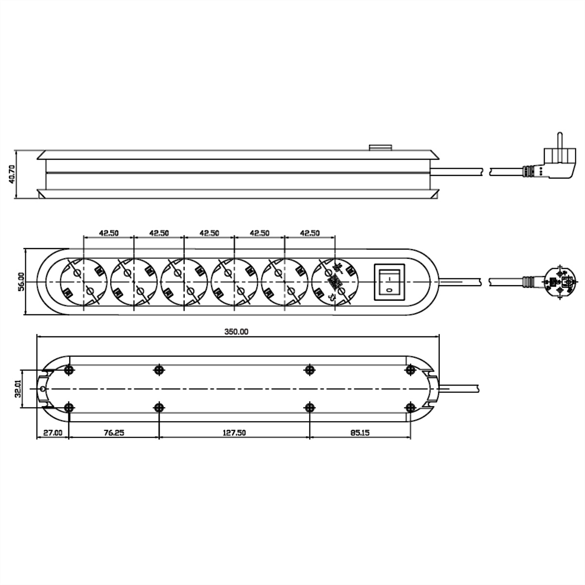 Technische tekening van een stekkerdoos met zes stopcontacten, afmetingen in millimeters.