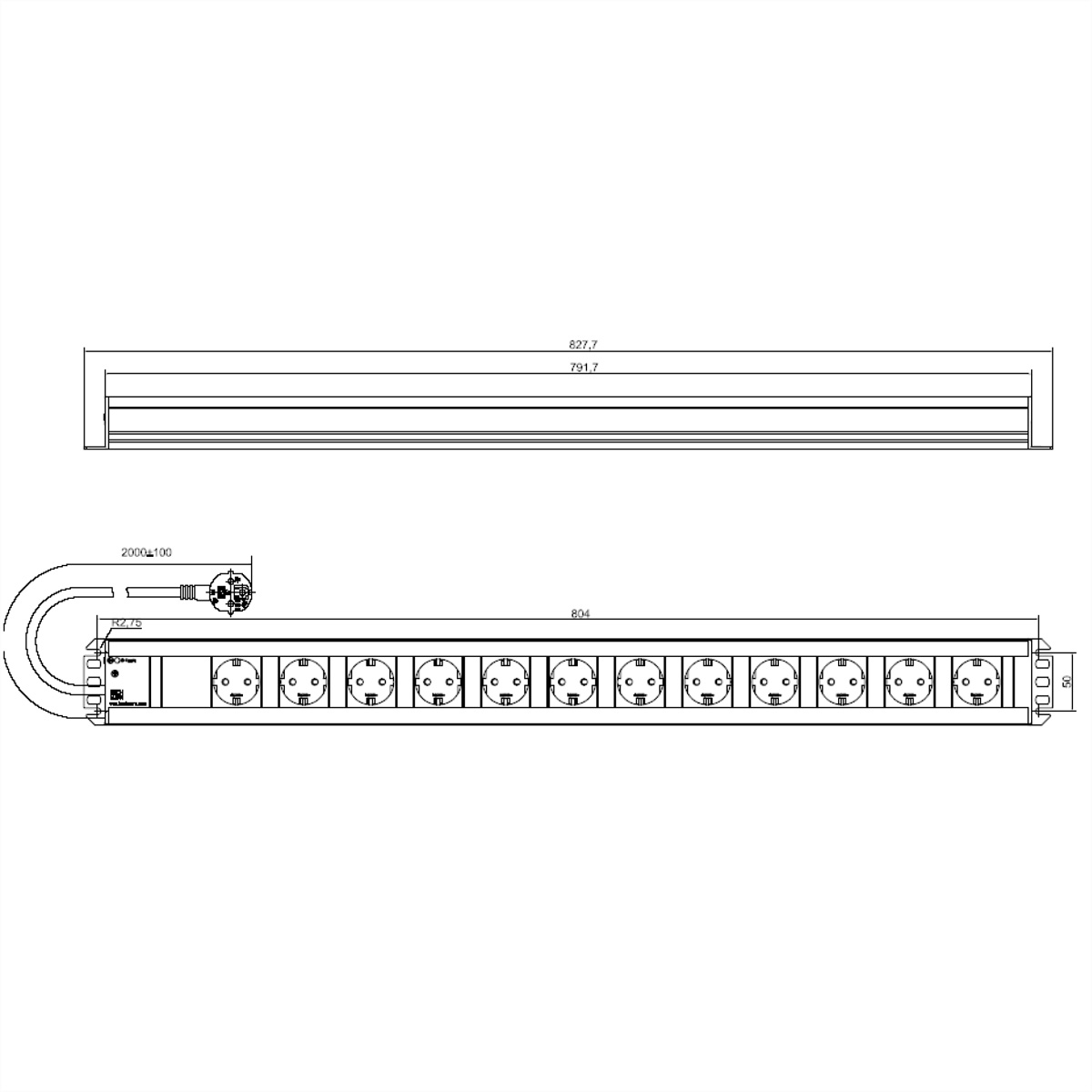 Rysunek techniczny listwy zasilającej. Pokazuje wymiary, gniazda i przewód zasilający z wtyczką.