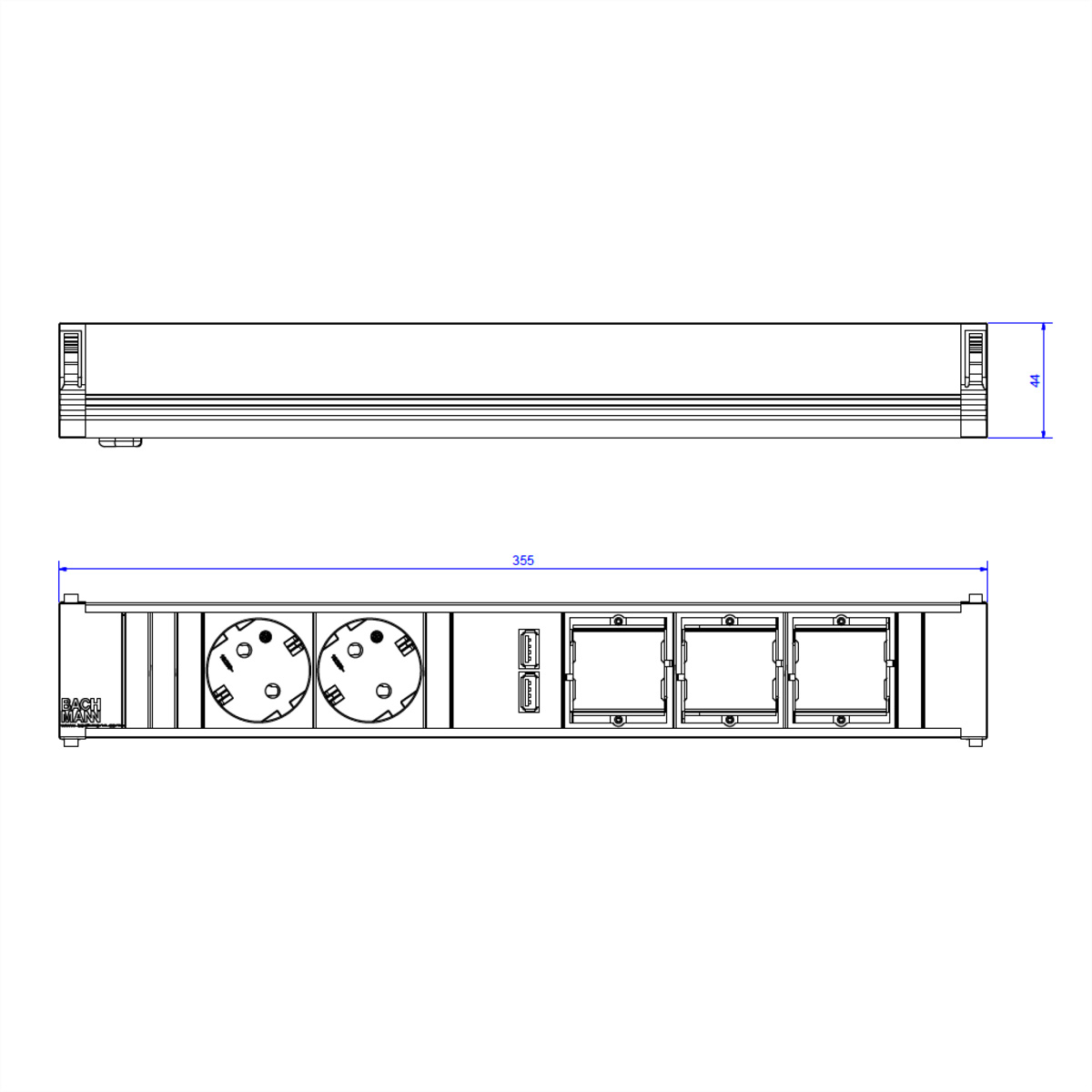 Rysunek techniczny listwy zasilającej z gniazdami, portami i wymiarami w mm.