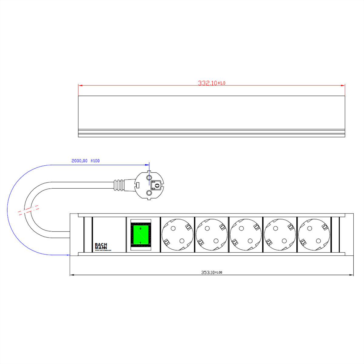 Schemat listwy zasilającej z 6 gniazdami, przełącznikiem i wymiarami.