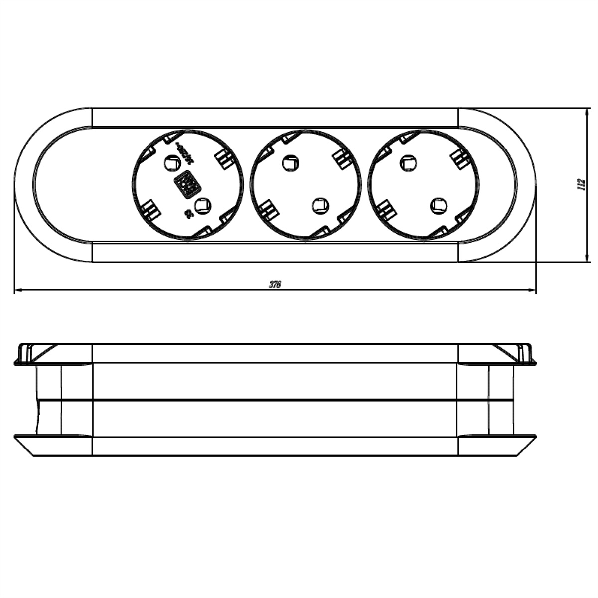 Rysunek techniczny listwy zasilającej z trzema gniazdami. Wymiary i szczegóły oznaczone na obrazie.