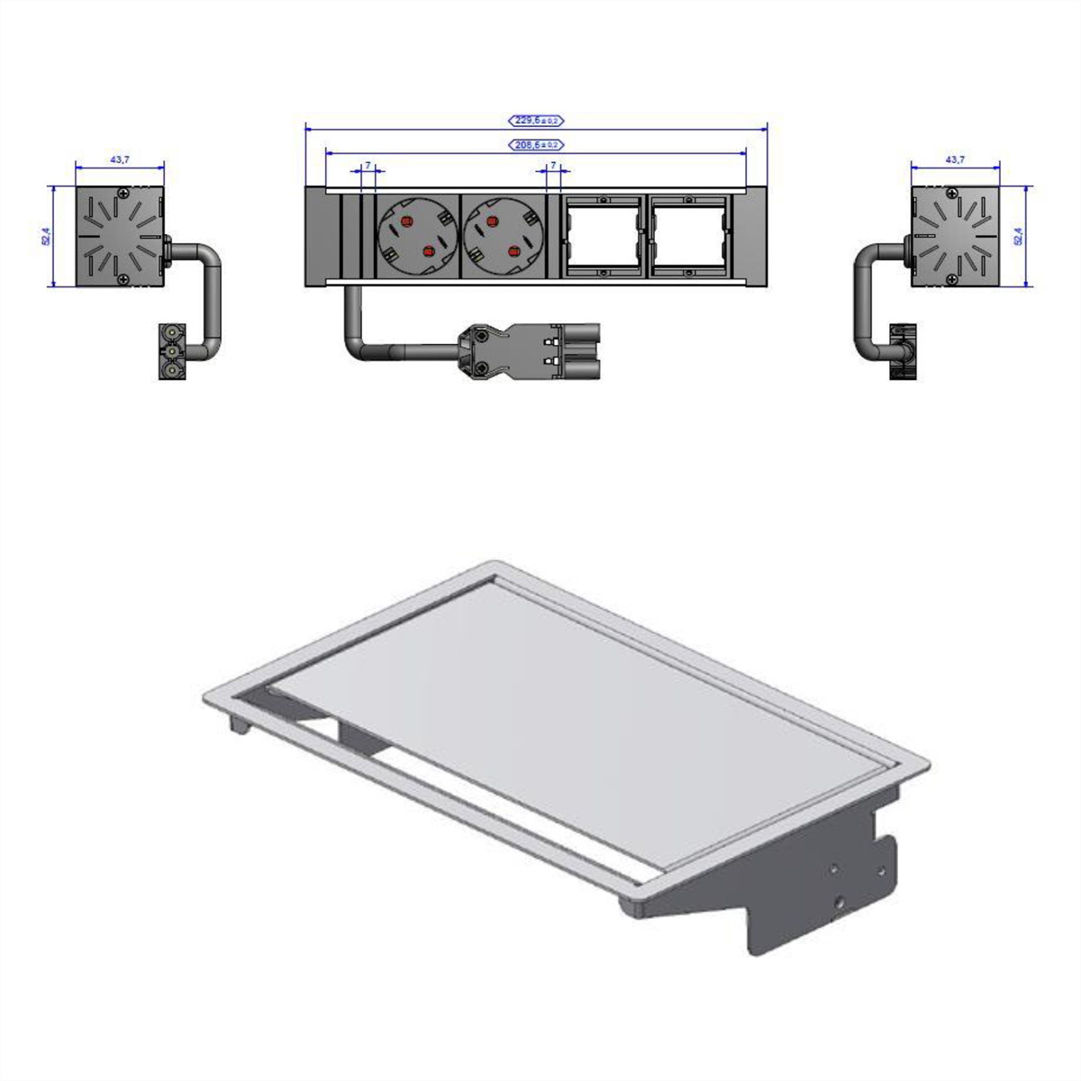 Disegno tecnico di un prodotto elettrico, comprese dimensioni e misure.
