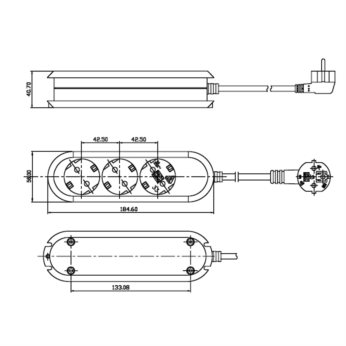 Gniazdo elektryczne z trzema gniazdami, pokazujące wymiary i oznaczenia.