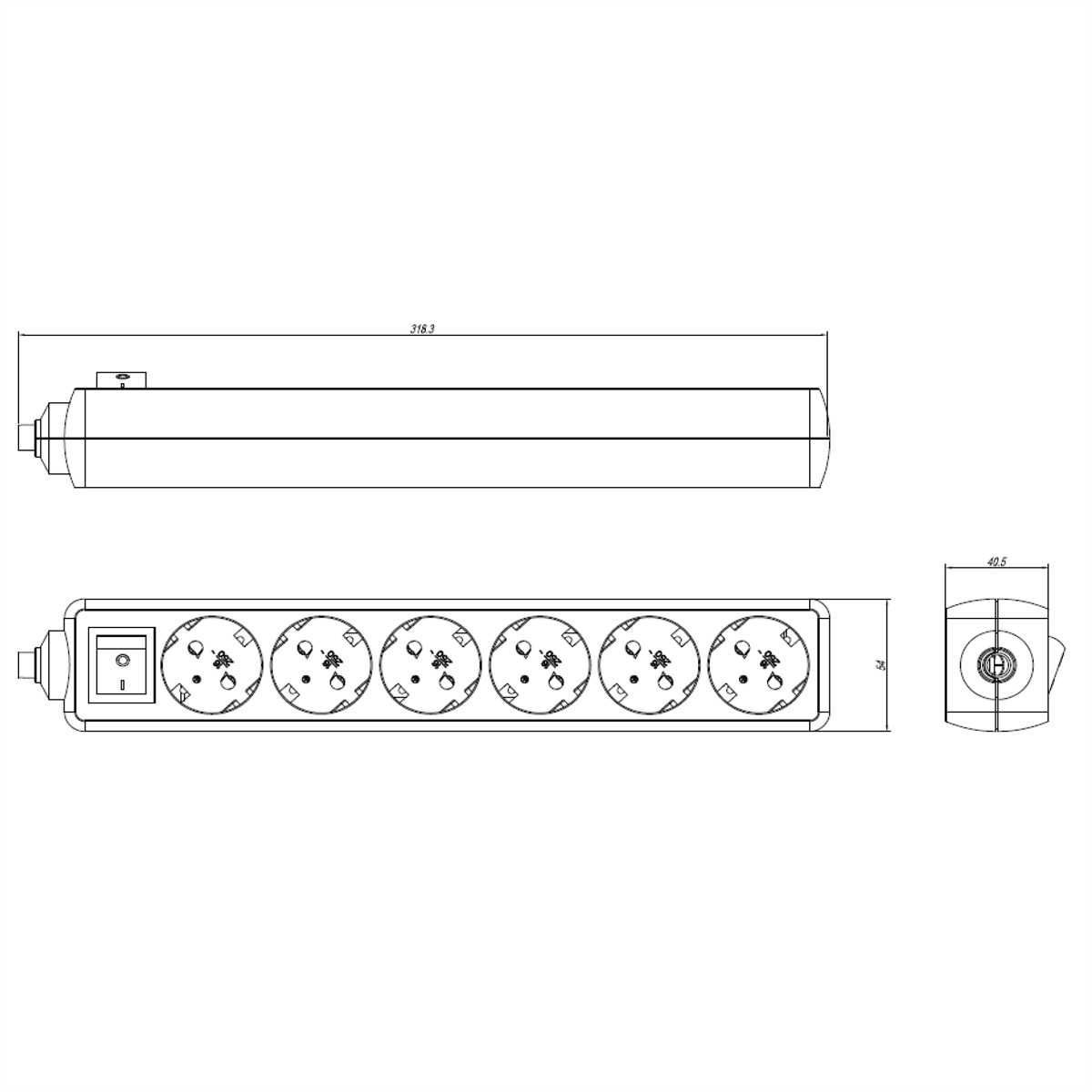 Disegno tecnico di una ciabatta con prese, interruttore on/off e dimensioni in mm.