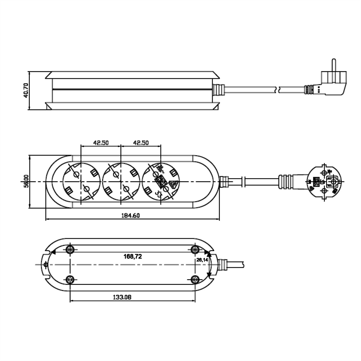 Rysunek techniczny listwy zasilającej z wymiarami.