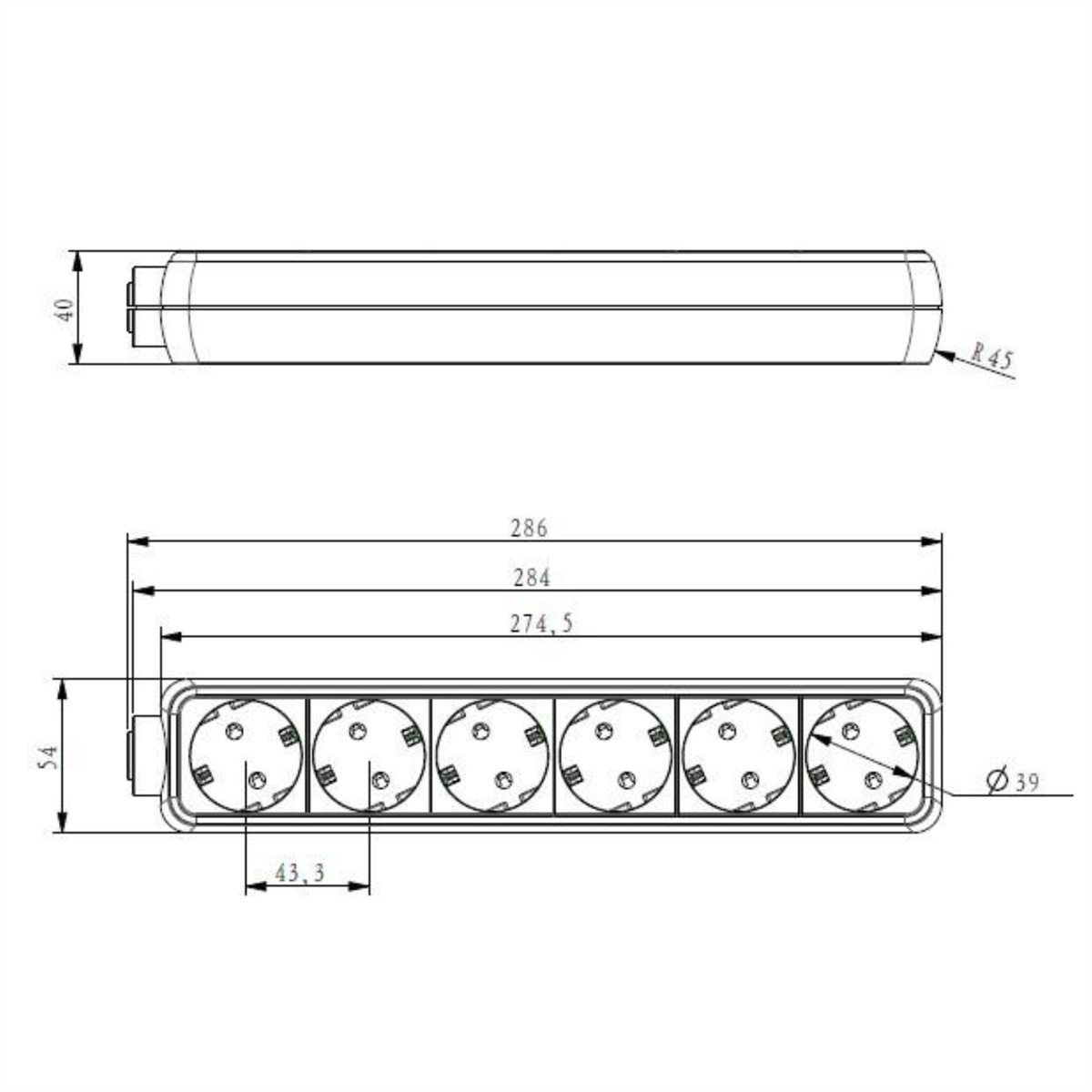 Rysunek techniczny urządzenia z sześcioma okrągłymi otworami, z wymiarami oznaczonymi wokół obiektu.