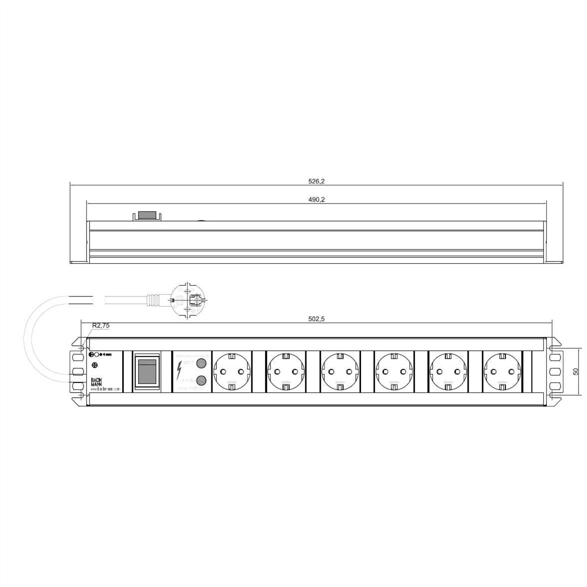 Technische Zeichnung eines Mehrfachsteckers mit mehreren Steckdosen, Schalter und Stecker. Abmessungen sind beschriftet.