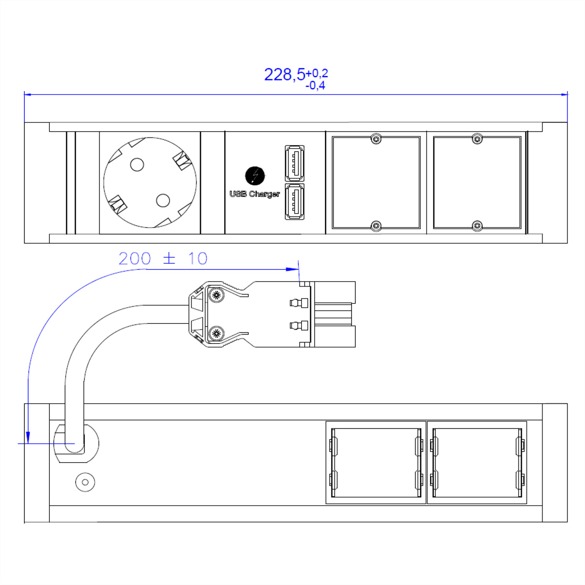 Widoki z góry i z dołu listwy zasilającej z gniazdami, ładowarką USB i wymiarami.