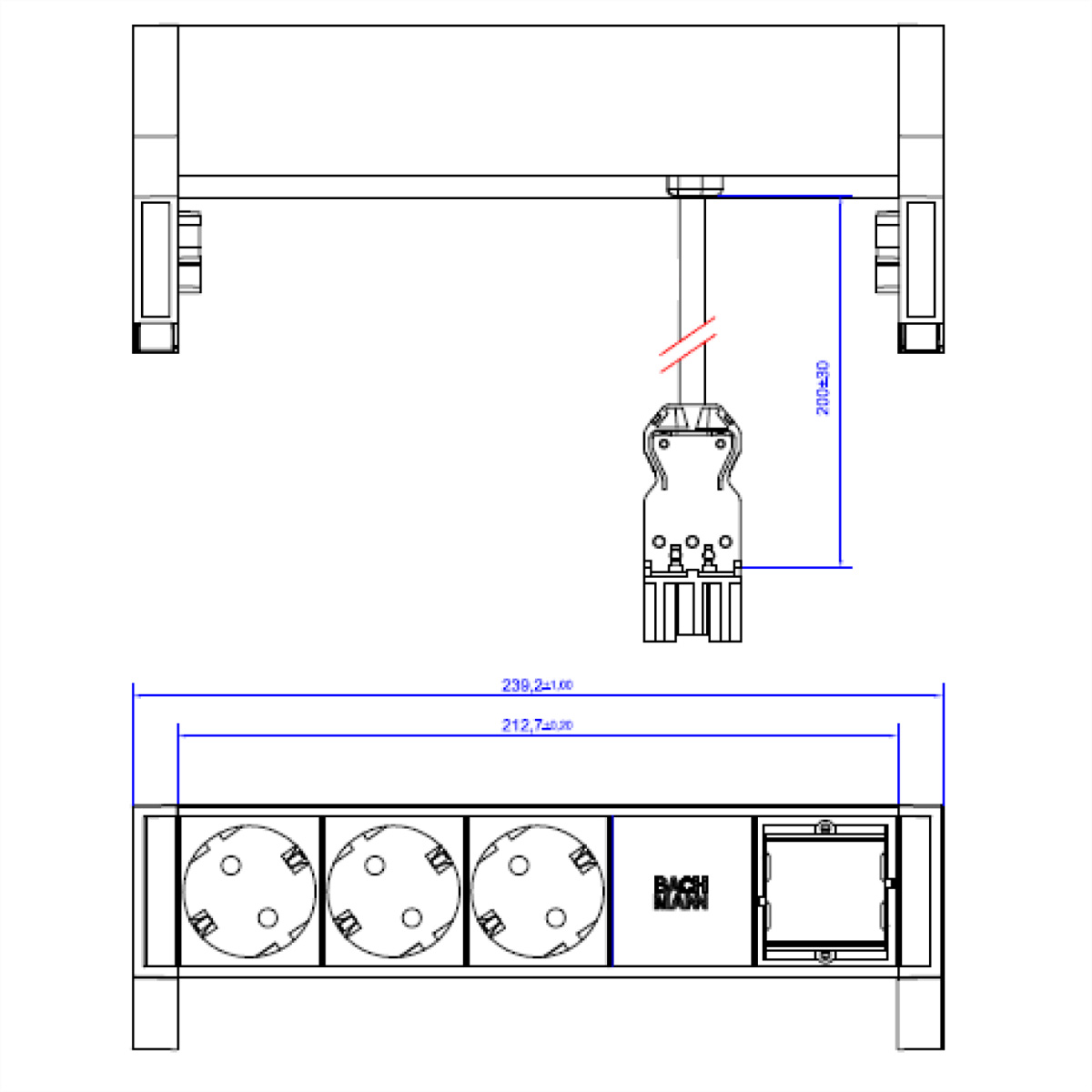 Rysunek techniczny elementów elektrycznych, w tym prostokątnej podstawy i złącza pionowego.