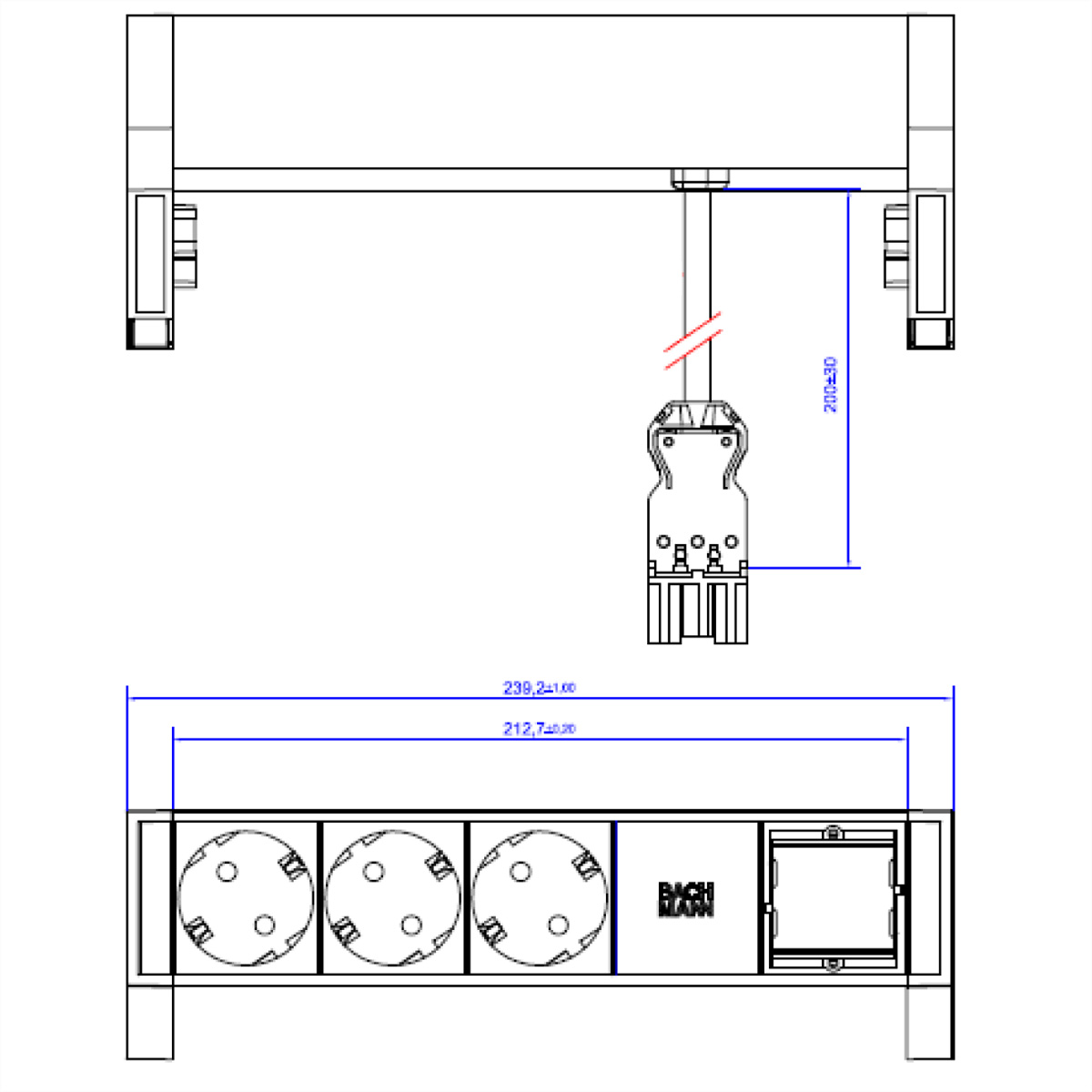 Schemat czarnej szafy z gniazdami i wymiarami.
