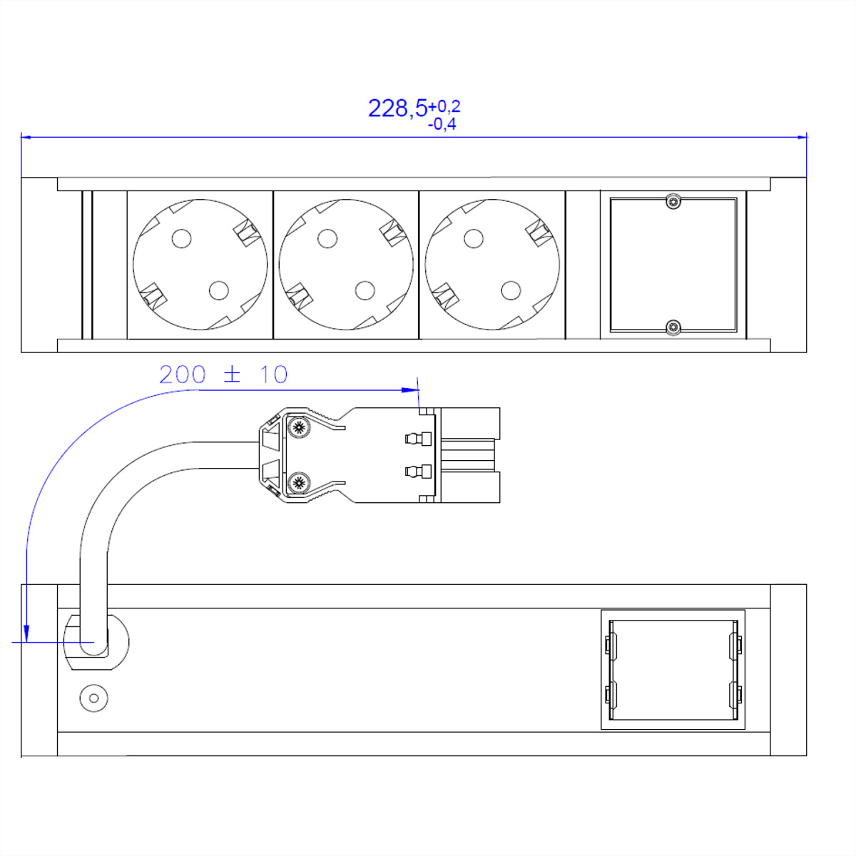 Rysunek techniczny: listwa zasilająca z wymiarami.
