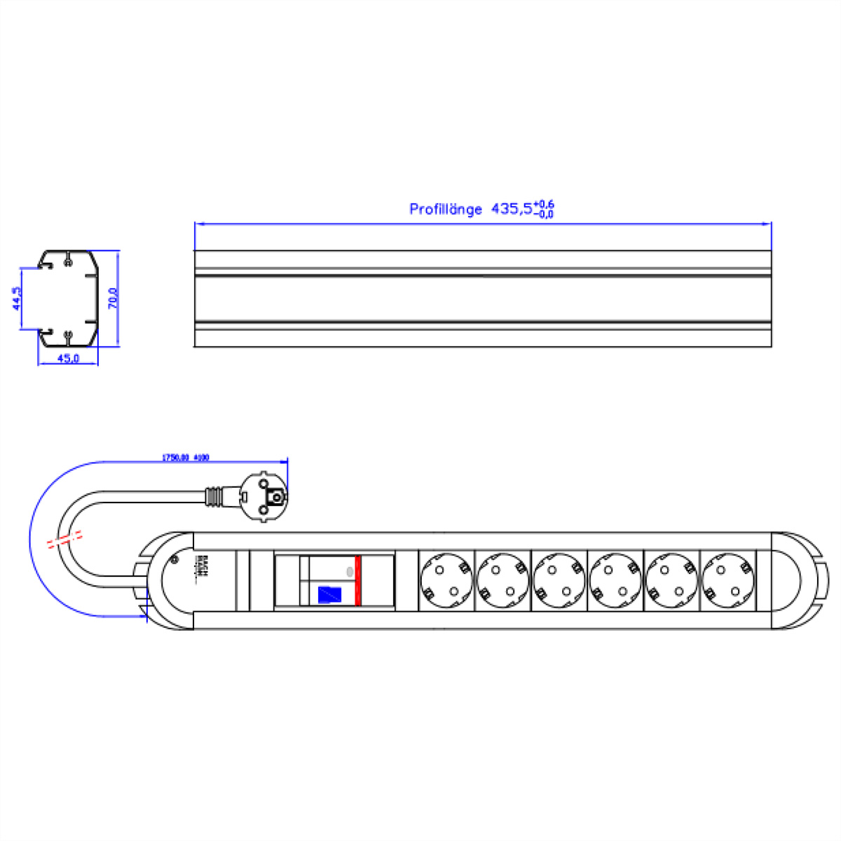 Rysunek techniczny listwy zasilającej z wymiarami. Zawiera wtyczkę, przełącznik i wiele gniazd, z pomiarami.
