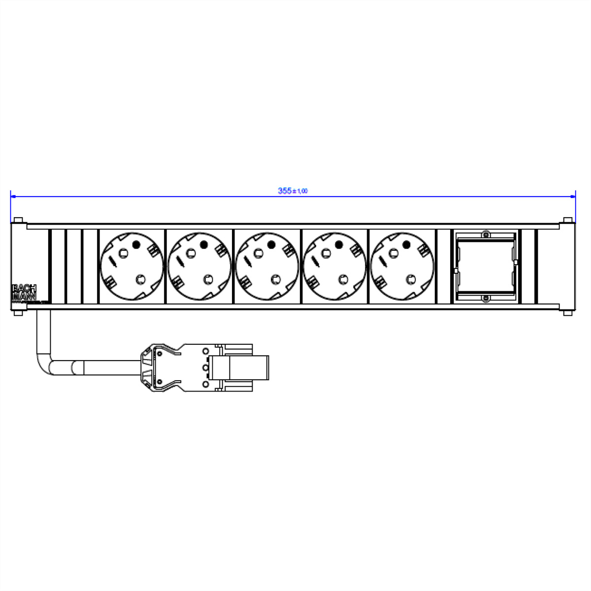 Eine lange, schwarze Steckdosenleiste mit fünf Steckdosen und einem Stecker, mit Maßangaben.