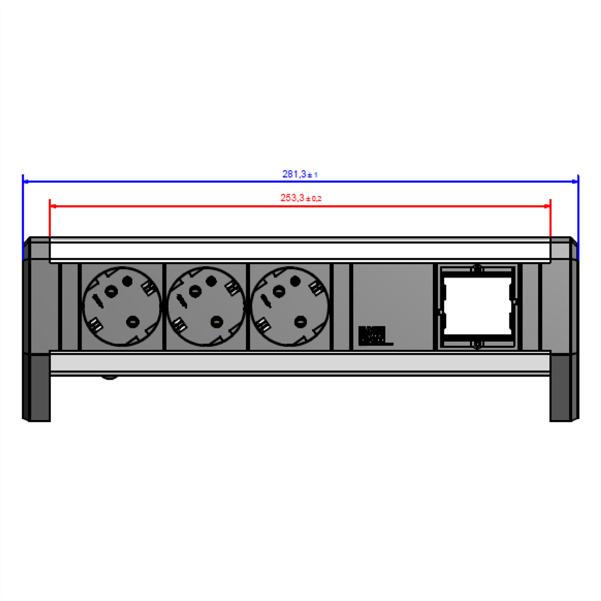 Widok z góry na metalowe pudełko z trzema okrągłymi gniazdami, prostokątnym otworem i wymiarami.