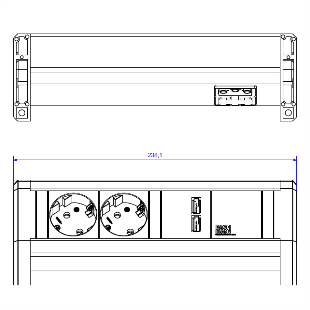 Rysunek techniczny listwy zasilającej z dwoma gniazdami, portami USB i wymiarami.