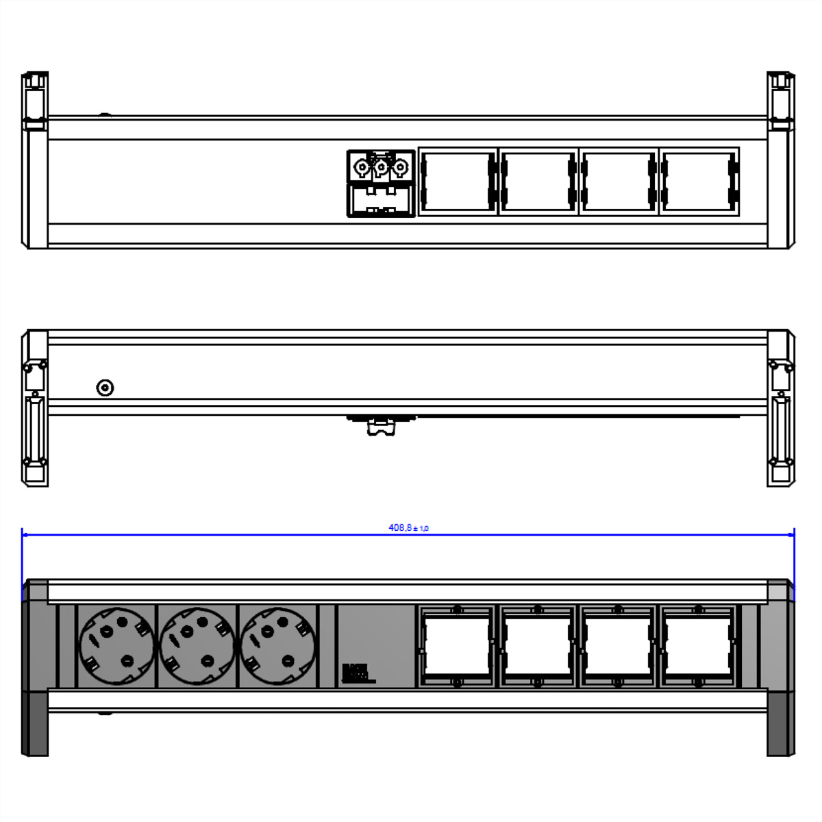 Rysunek techniczny listwy zasilającej z wieloma gniazdami i wtyczką.