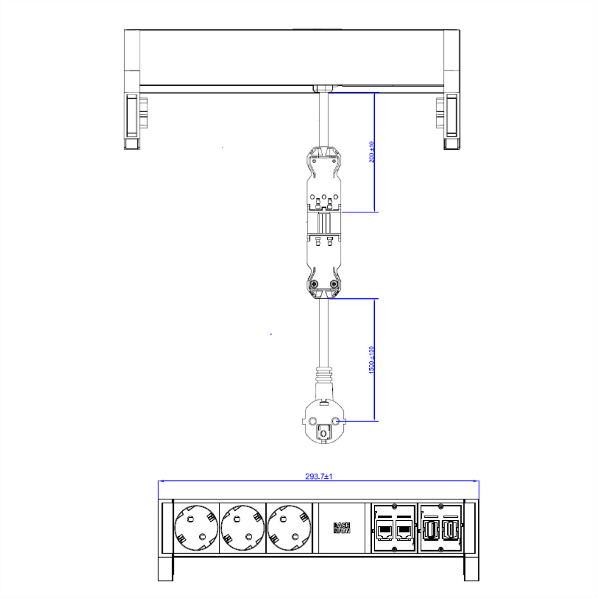 Rysunek techniczny listwy zasilającej. Posiada trzy gniazda, podane są szczegółowe wymiary.