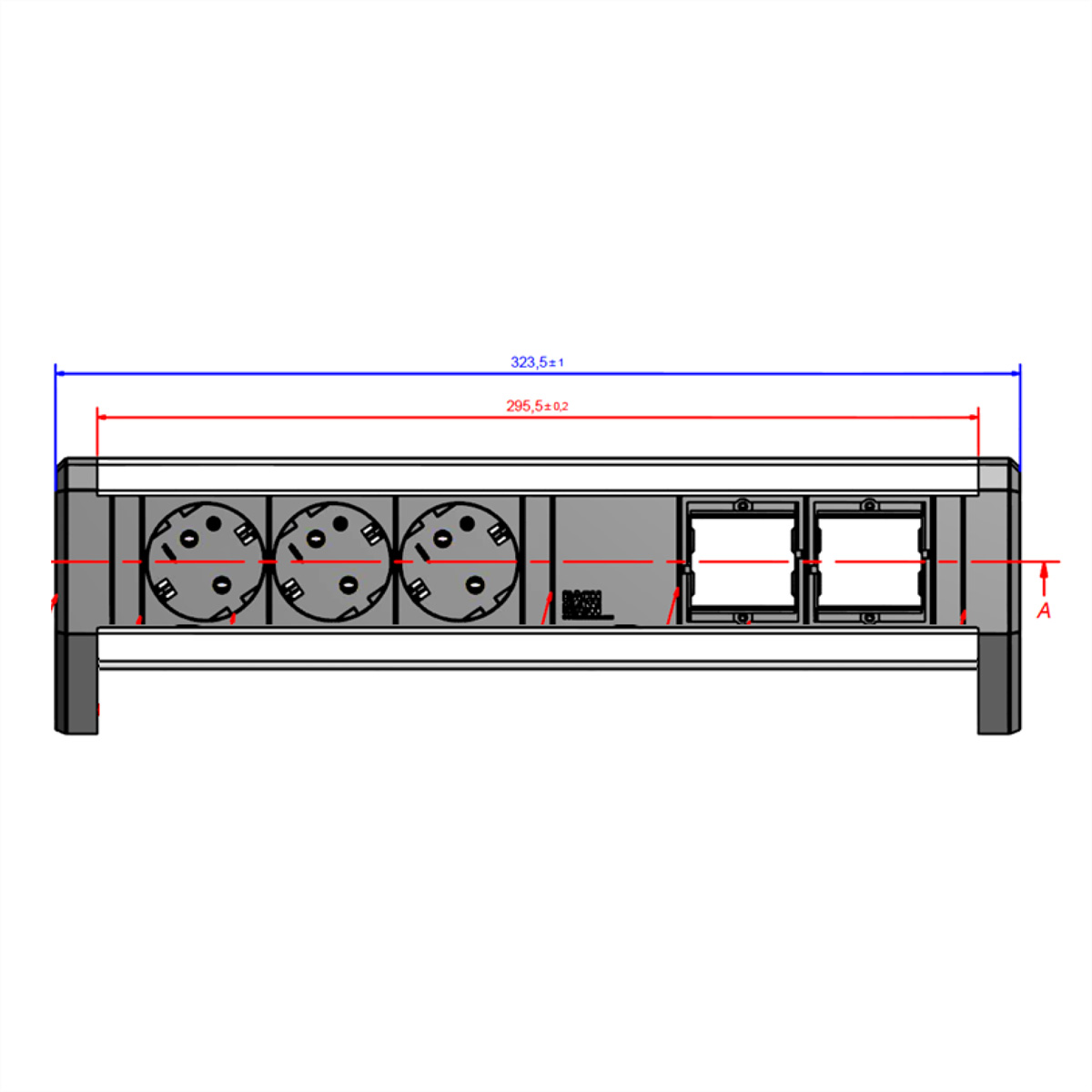 Schemat czarnego urządzenia z kilkoma okrągłymi portami i pomiarami. Tło jest białe.