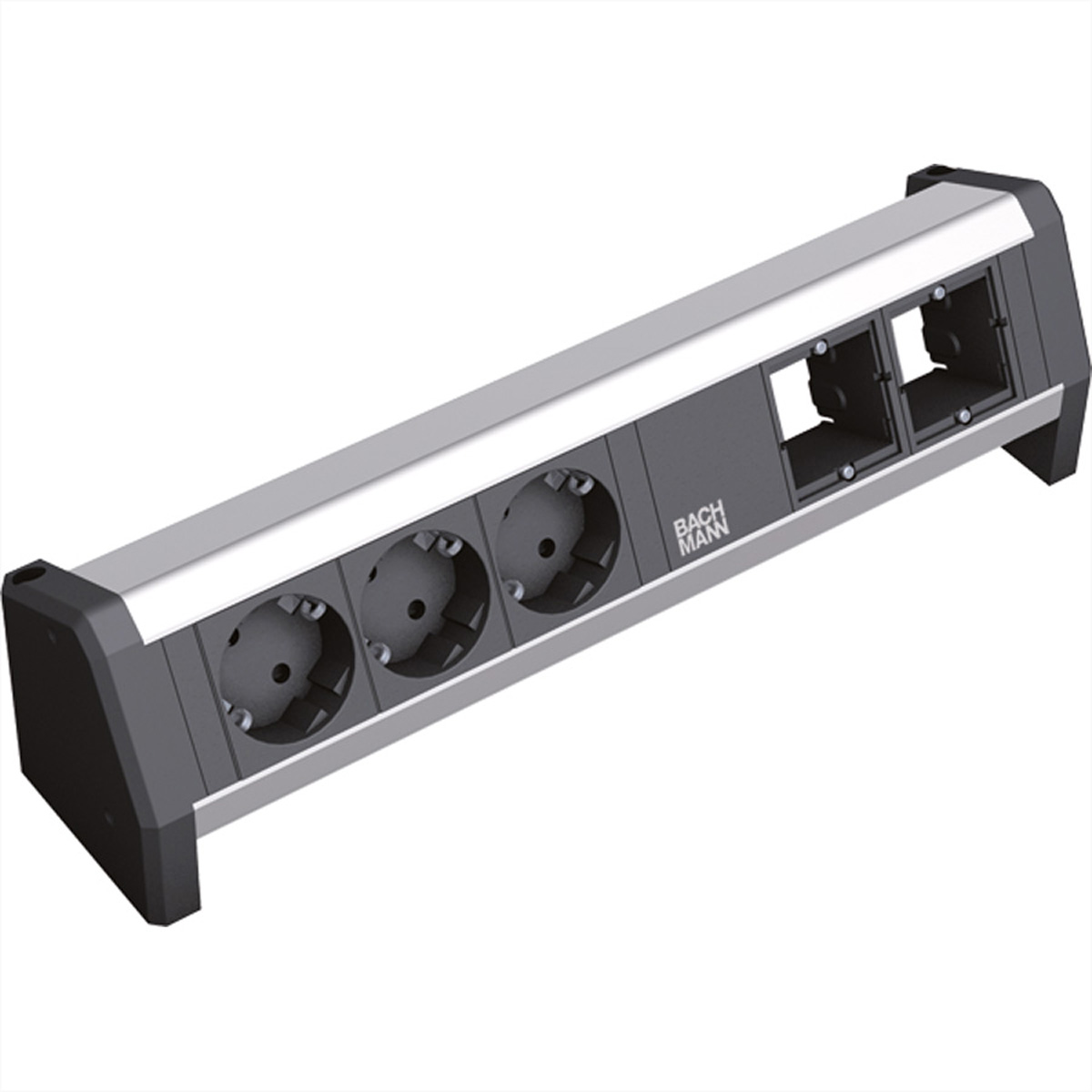 Listwa zasilająca Bachmann w kolorze srebrno-czarnym z trzema gniazdami elektrycznymi.