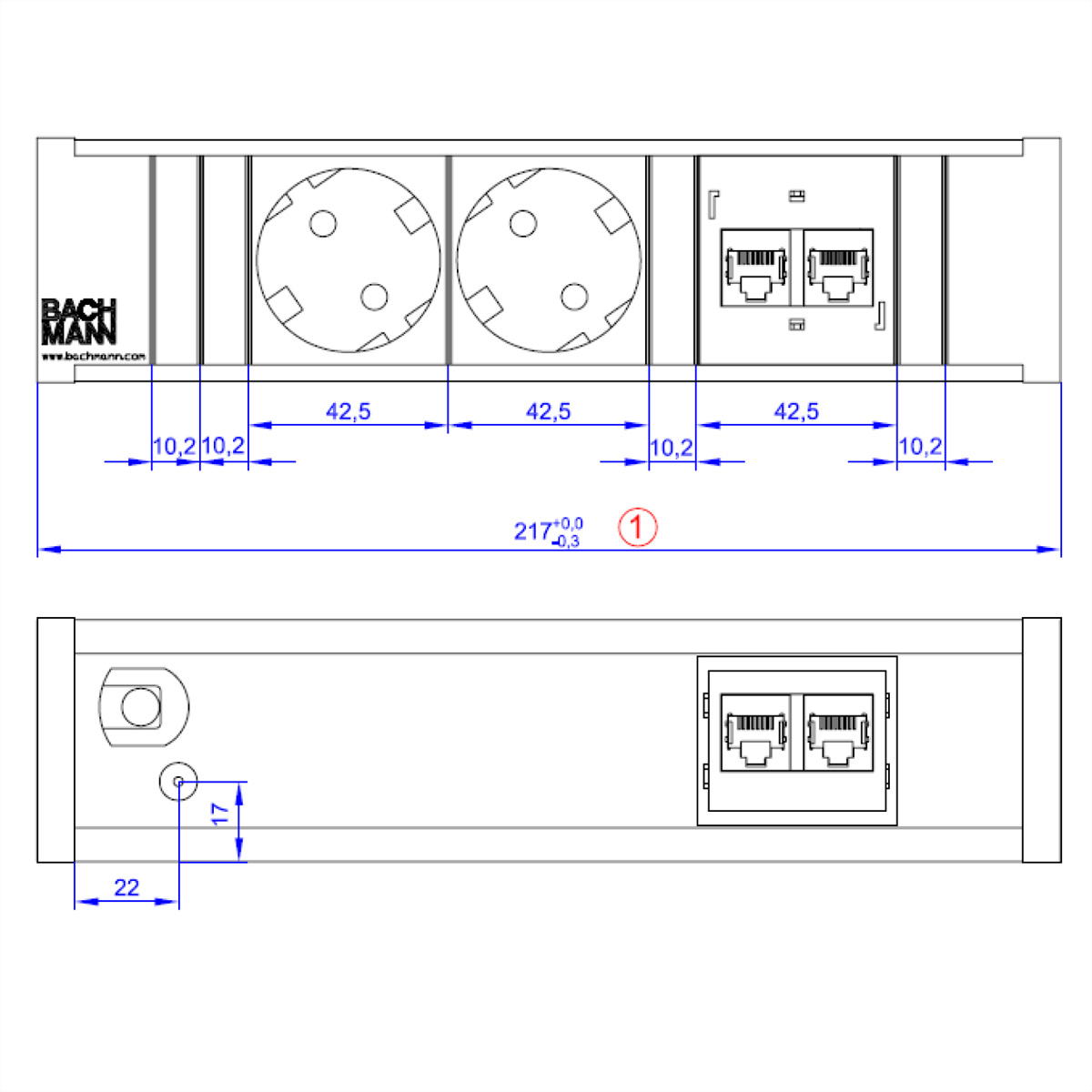 Schemat listwy zasilającej, z dwoma gniazdami, złączem i oznaczonymi wymiarami.