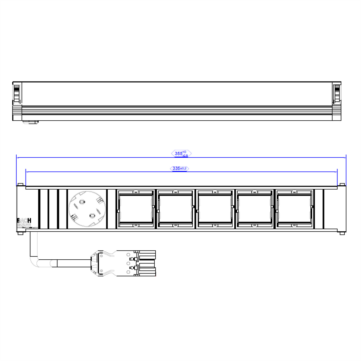 Rysunek techniczny: Element elektryczny z wymiarami. Zawiera widok z góry i z boku.