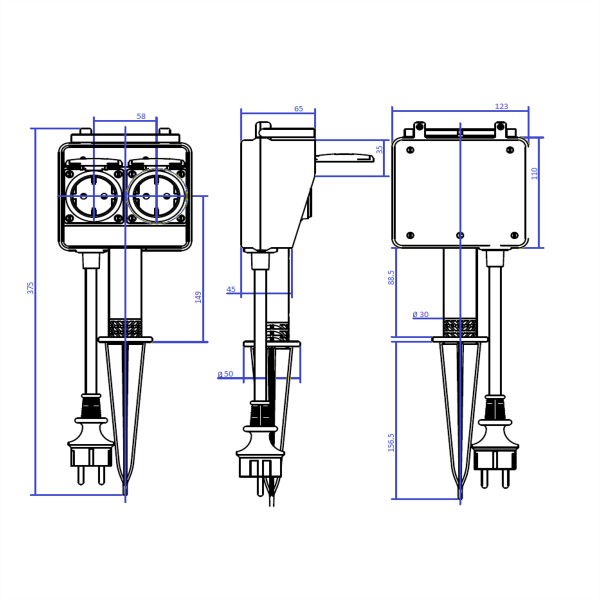 Disegno tecnico di una presa di corrente esterna con dimensioni e dettagli su sfondo bianco.