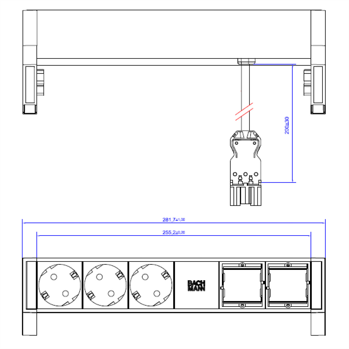 Widok z góry na panel gniazd z trzema gniazdami i dwoma przełącznikami z wymiarami.