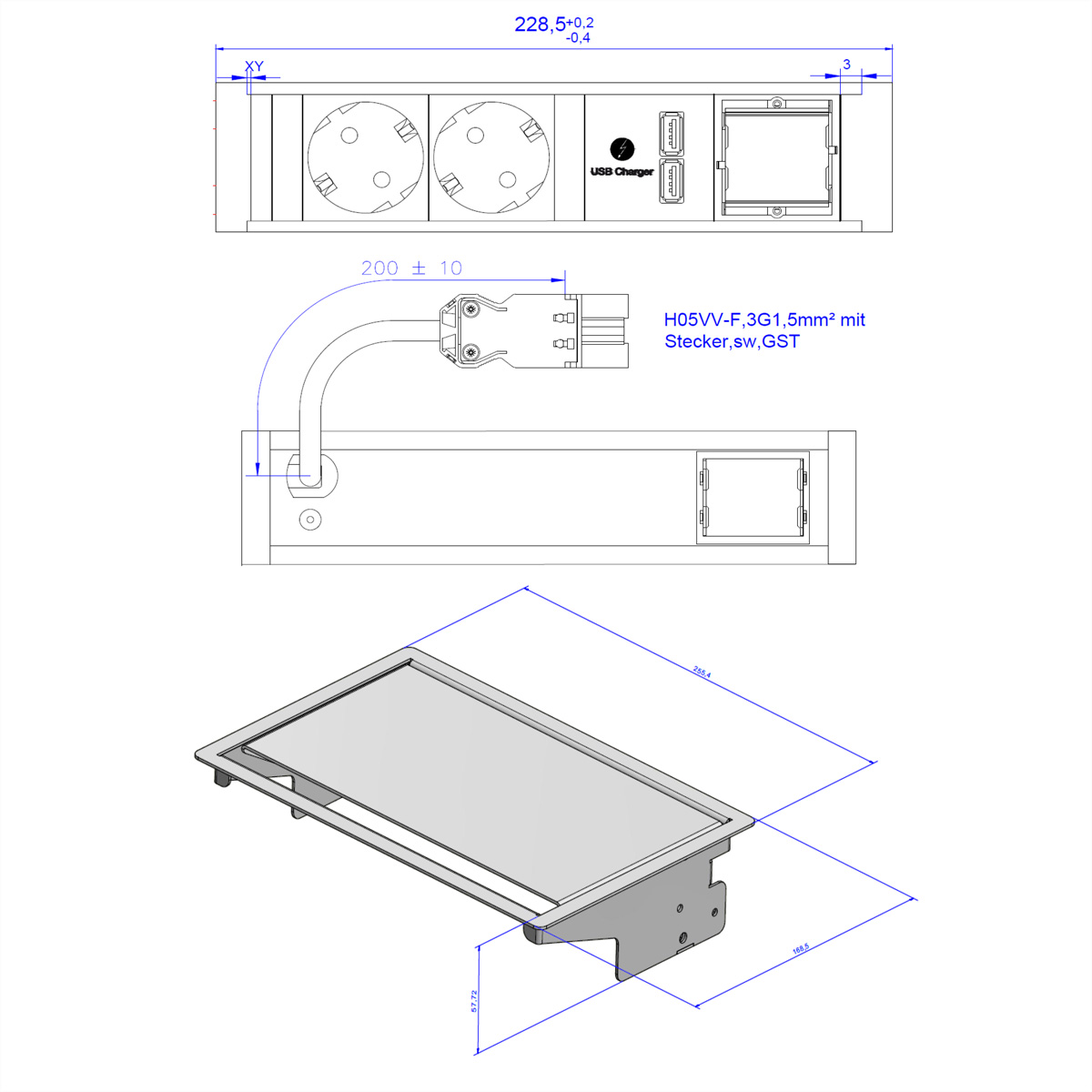 Disegno tecnico di una presa di corrente con dimensioni su sfondo bianco.