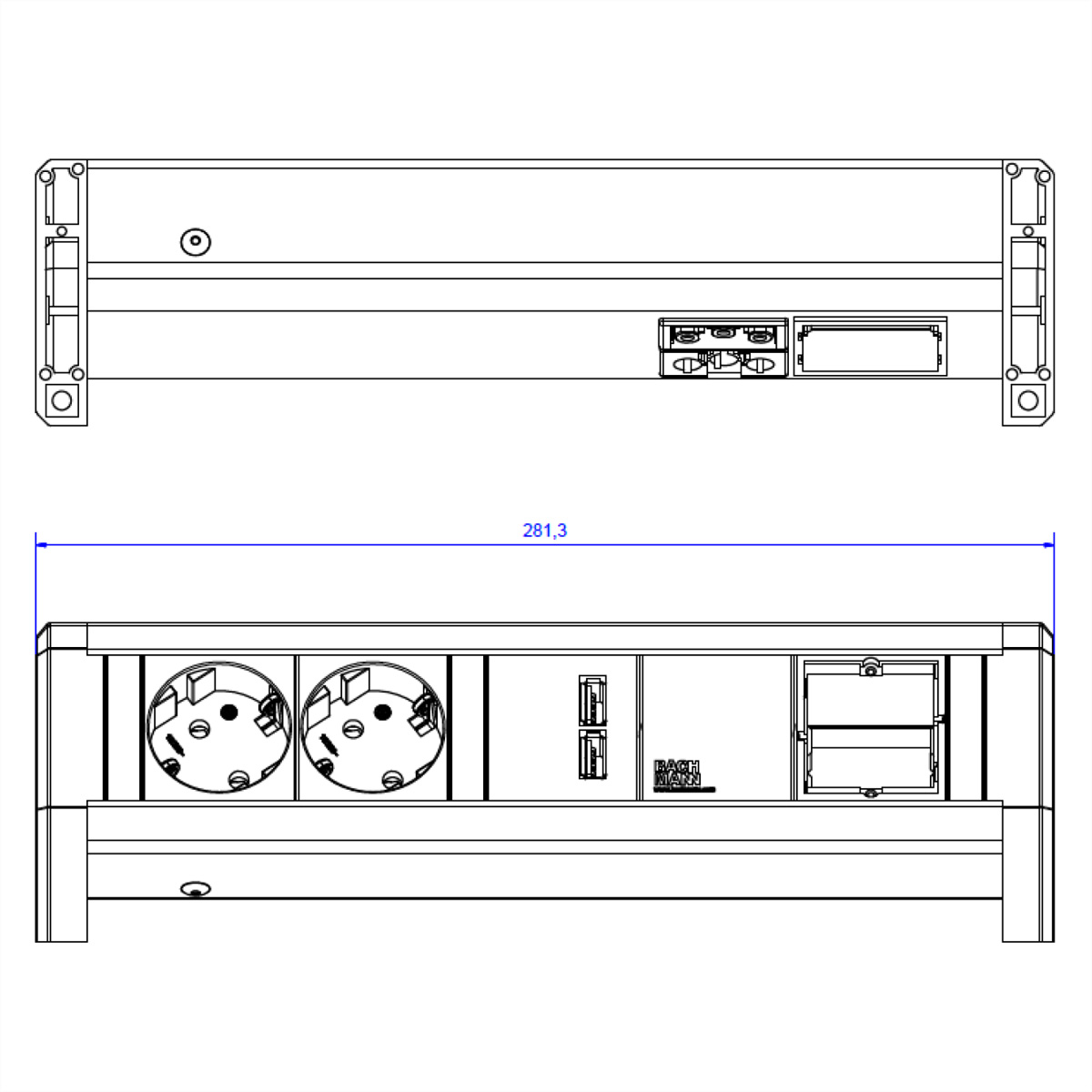Schemat techniczny urządzenia z dwoma gniazdami zasilania, portami i wymiarami.