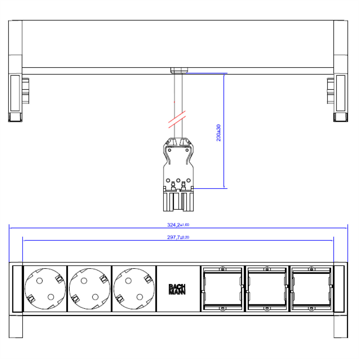 Rysunek techniczny. Widok z góry urządzenia z wymiarami oznaczonymi na niebiesko.