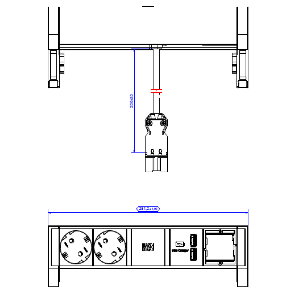 Widok z góry na panel gniazd z dwoma gniazdami i przełącznikami, wraz z wymiarami.