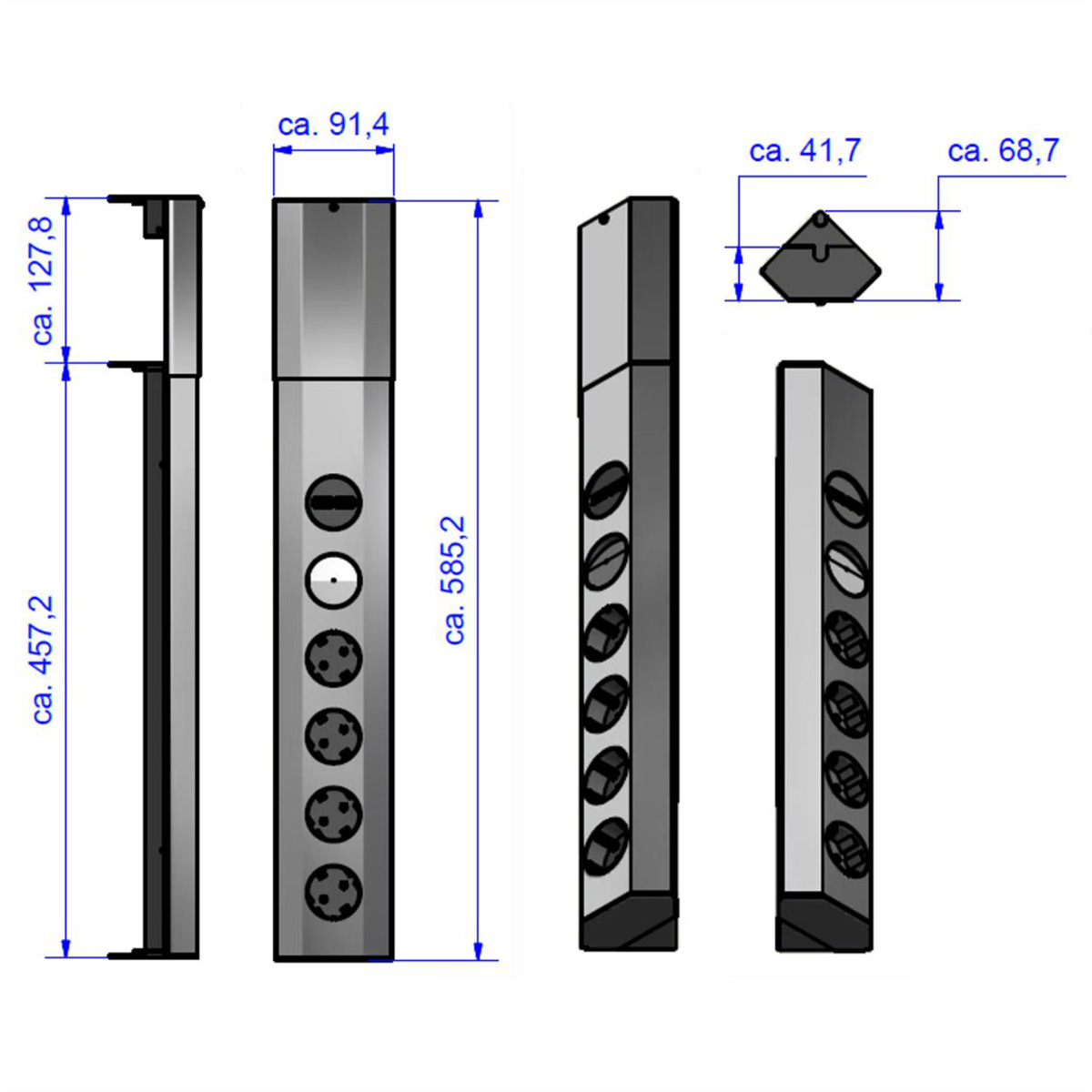 Disegno tecnico di un componente metallico nero con dimensioni espresse in millimetri.