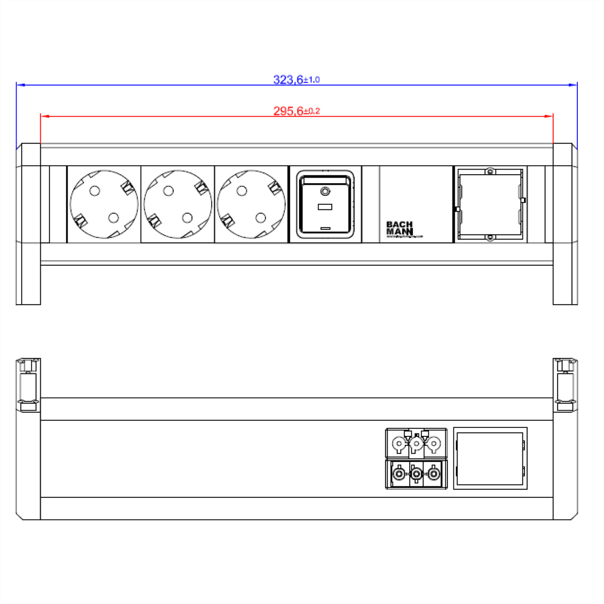 Rysunek techniczny listwy zasilającej z wymiarami, z wieloma gniazdami i złączem IEC.