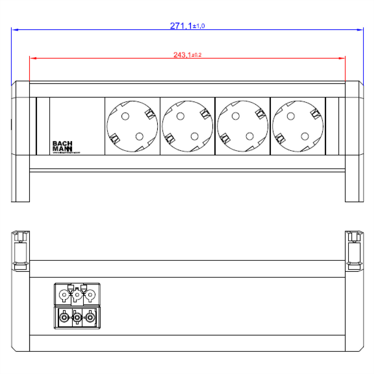 Rysunek techniczny listwy zasilającej. Widoki z góry i z dołu z wymiarami.