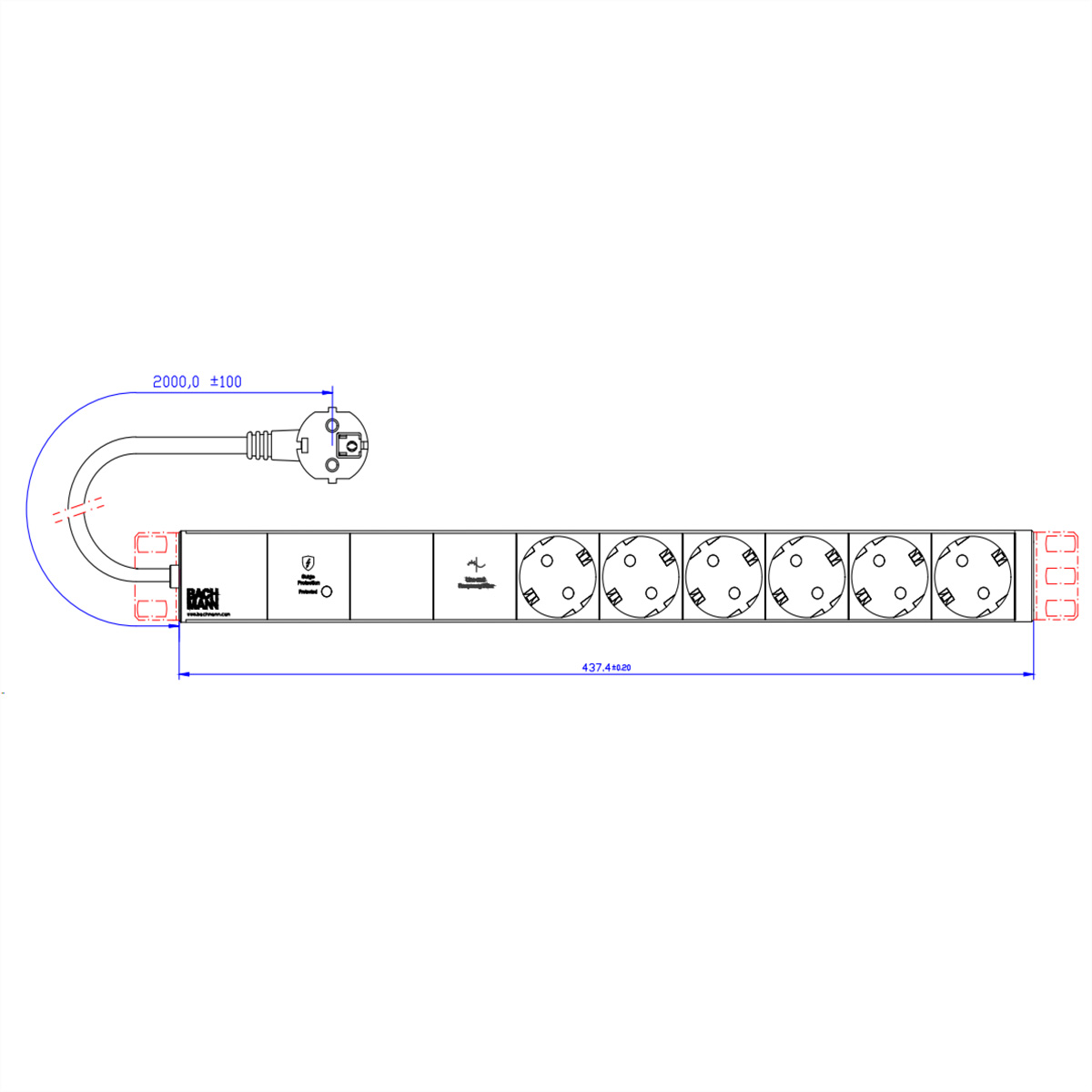 Eine schematische Zeichnung einer Steckdosenleiste mit mehreren Steckdosen und Abmessungen.