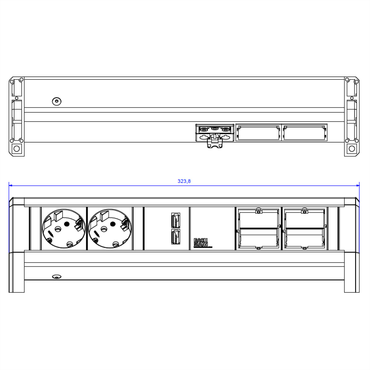 Schemat czarnej listwy z gniazdami i portami, z tekstem '323,8' wskazującym jej długość.
