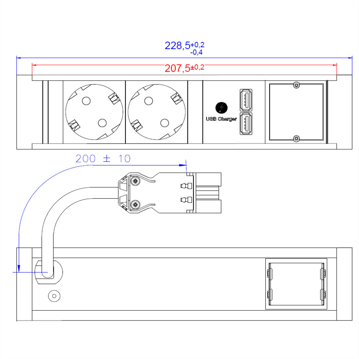 Technische Zeichnung: Steckdosenleiste mit zwei Steckdosen, USB-Anschlüssen.